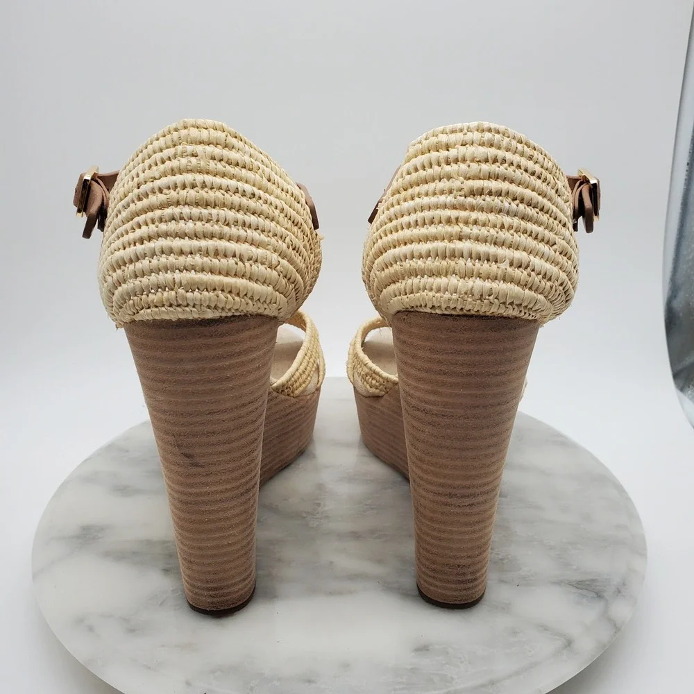 Tory Burch Carina Macrame Straw Wedge Sandals Royal Tan Leather T-Strap US 9.5M